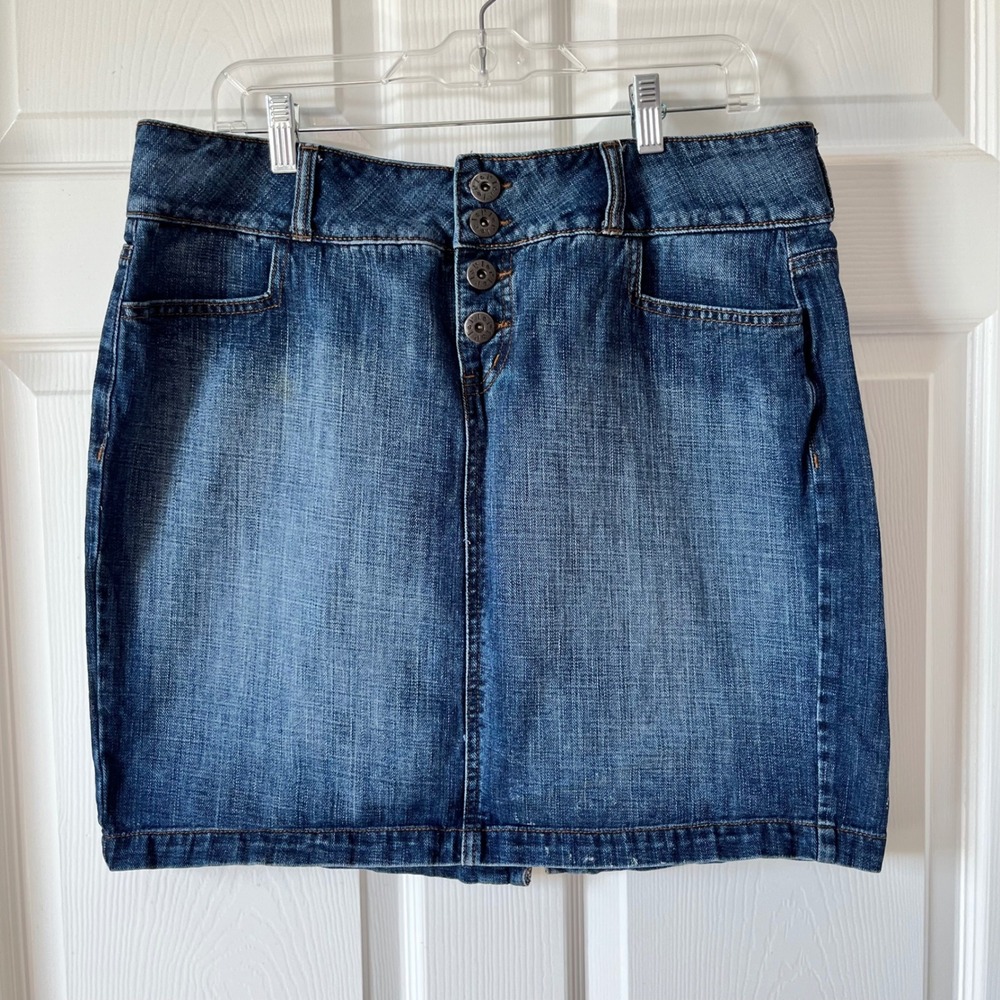 Lei Ashley Denim Mini Skirt Womens Blue Embroidered Button Up Ultra Low Rise